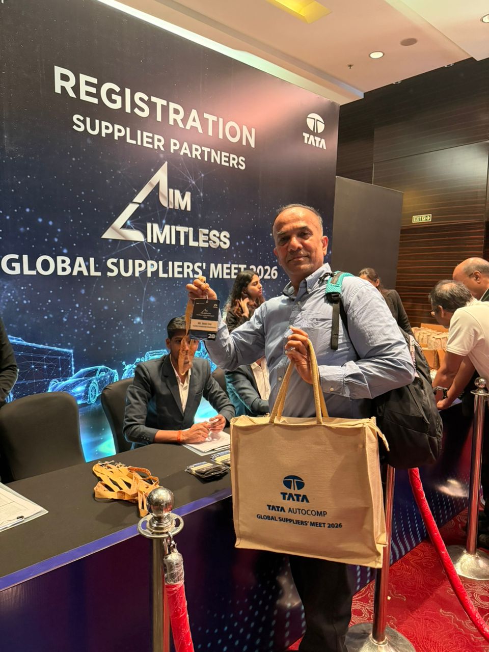 Mahesha at the supplier registration area of TATA AutoComp Global Suppliers' Meet 2026
